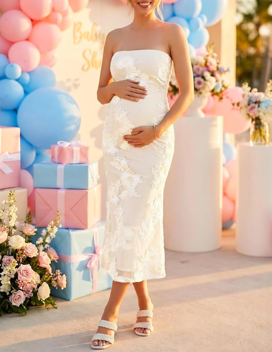 Women's Summer Strapless Floral Midi Dress 2026 Bodycon Mesh Tube Wedding Guest Cocktail Party Long Dresses