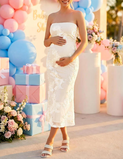 Women's Summer Strapless Floral Midi Dress 2026 Bodycon Mesh Tube Wedding Guest Cocktail Party Long Dresses