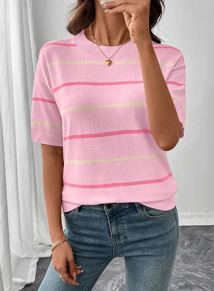 ⏰Hot Sale-Womens Tops Crewneck Short Sleeve Sweater Pullover Knit Striped Shirt Spring Outfits