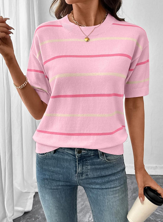 ⏰Hot Sale-Womens Tops Crewneck Short Sleeve Sweater Pullover Knit Striped Shirt Spring Outfits