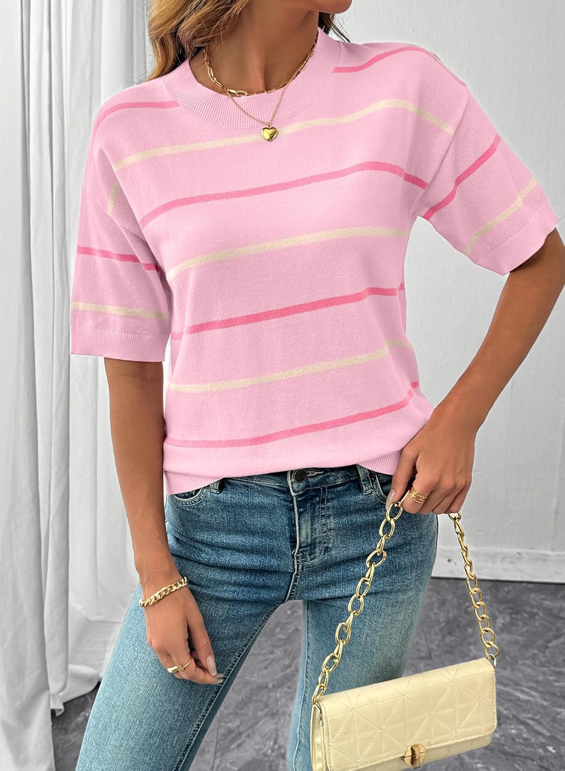 ⏰Hot Sale-Womens Tops Crewneck Short Sleeve Sweater Pullover Knit Striped Shirt Spring Outfits