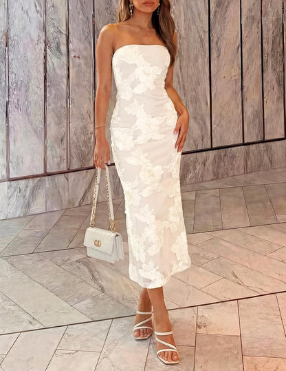 Women's Summer Strapless Floral Midi Dress 2026 Bodycon Mesh Tube Wedding Guest Cocktail Party Long Dresses