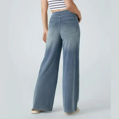 Women's High-Waisted Washed Baggy Wide-Leg Stretchy Knit Jeans with Multiple Pockets
