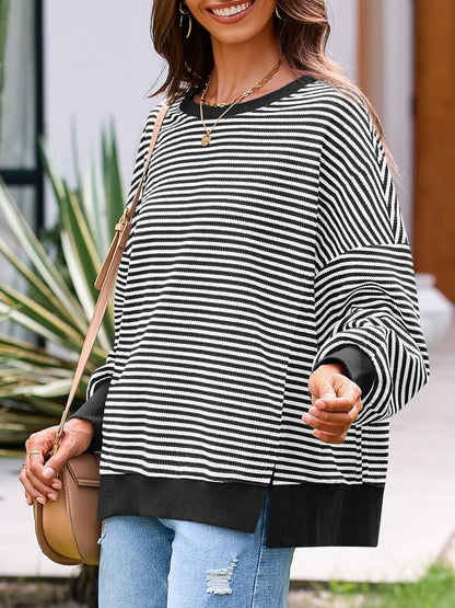 Women's Oversized Sweatshirt Waffle Long Sleeve Split Pullover Tunic Tops