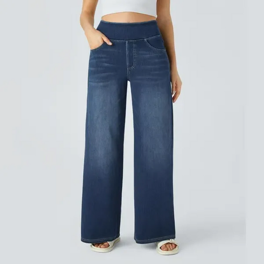 Women's High-Waisted Washed Baggy Wide-Leg Stretchy Knit Jeans with Multiple Pockets