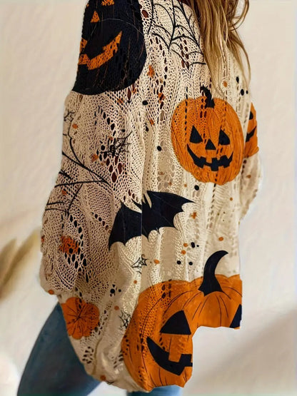 Halloween Crew Neck Pumpkin Loose Fit Long Sleeve Cutout Sweater