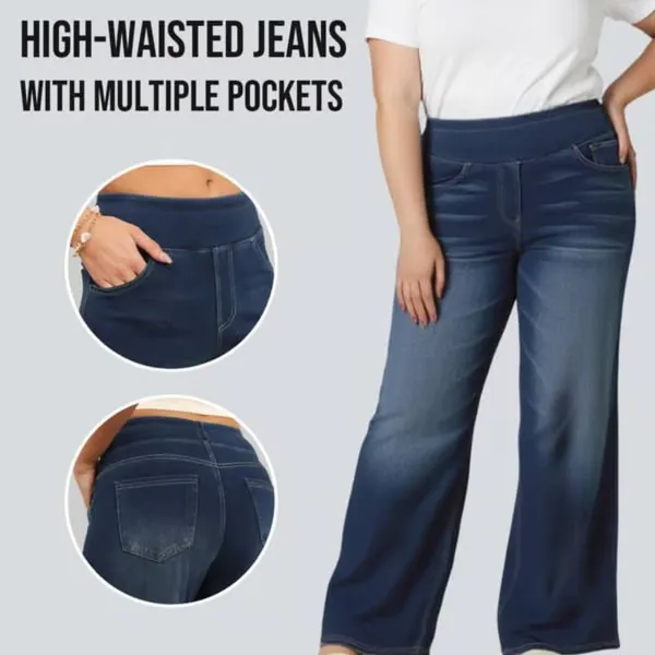 Women's High-Waisted Washed Baggy Wide-Leg Stretchy Knit Jeans with Multiple Pockets