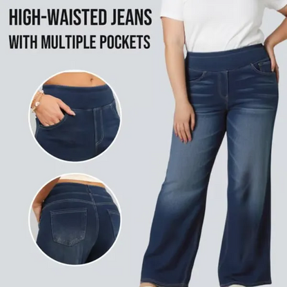 Women's High-Waisted Washed Baggy Wide-Leg Stretchy Knit Jeans with Multiple Pockets