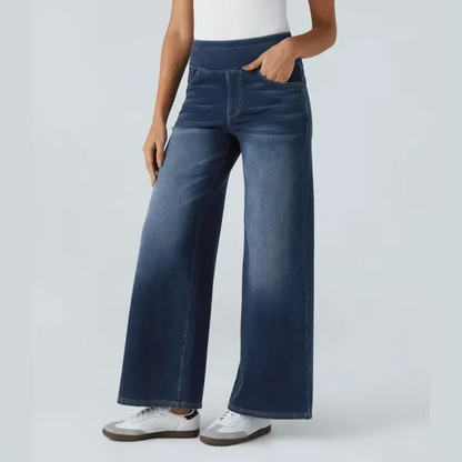 Women's High-Waisted Washed Baggy Wide-Leg Stretchy Knit Jeans with Multiple Pockets