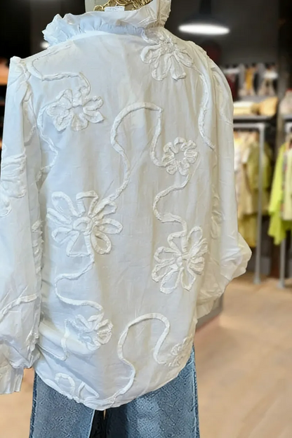 Embroidered Flower Ruffle Neck Puff Sleeve Top