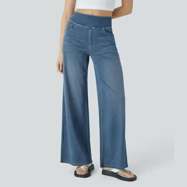 Women's High-Waisted Washed Baggy Wide-Leg Stretchy Knit Jeans with Multiple Pockets