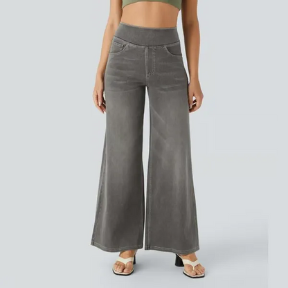 Women's High-Waisted Washed Baggy Wide-Leg Stretchy Knit Jeans with Multiple Pockets