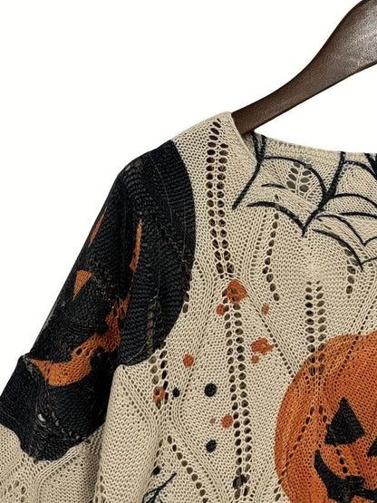 Halloween Crew Neck Pumpkin Loose Fit Long Sleeve Cutout Sweater