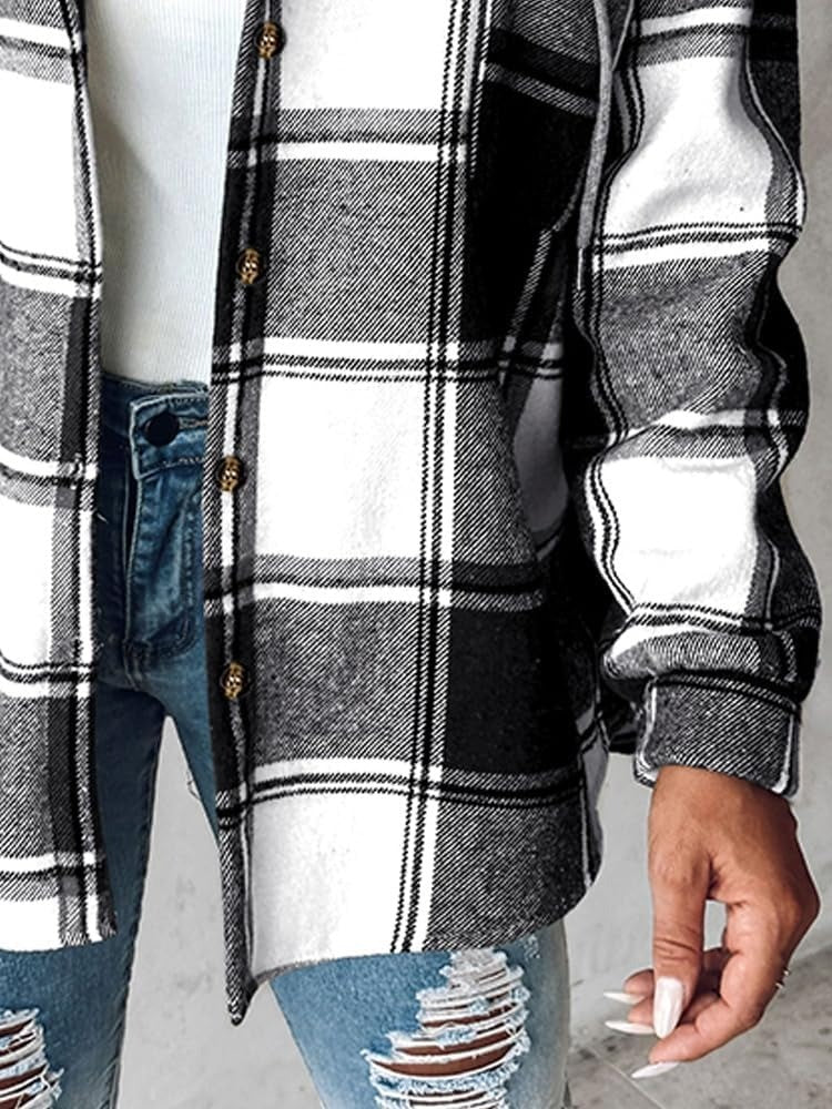 Women's Plaid Button Down Fleece Lined Hooded Jackets Warm Coat