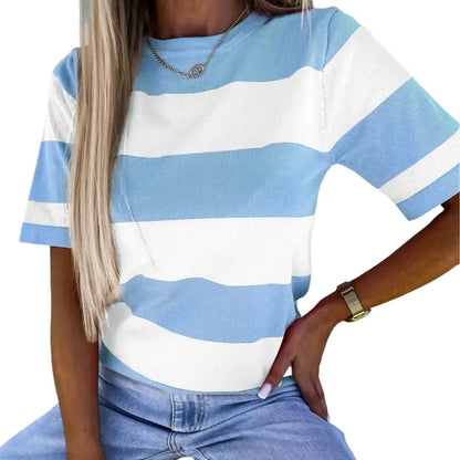 Women's Colorblock Striped Ribbed Knitted Round Neck T Shirt