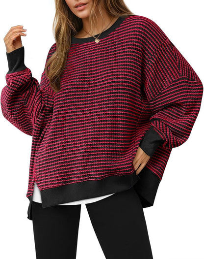 Women's Oversized Sweatshirt Waffle Long Sleeve Split Pullover Tunic Tops