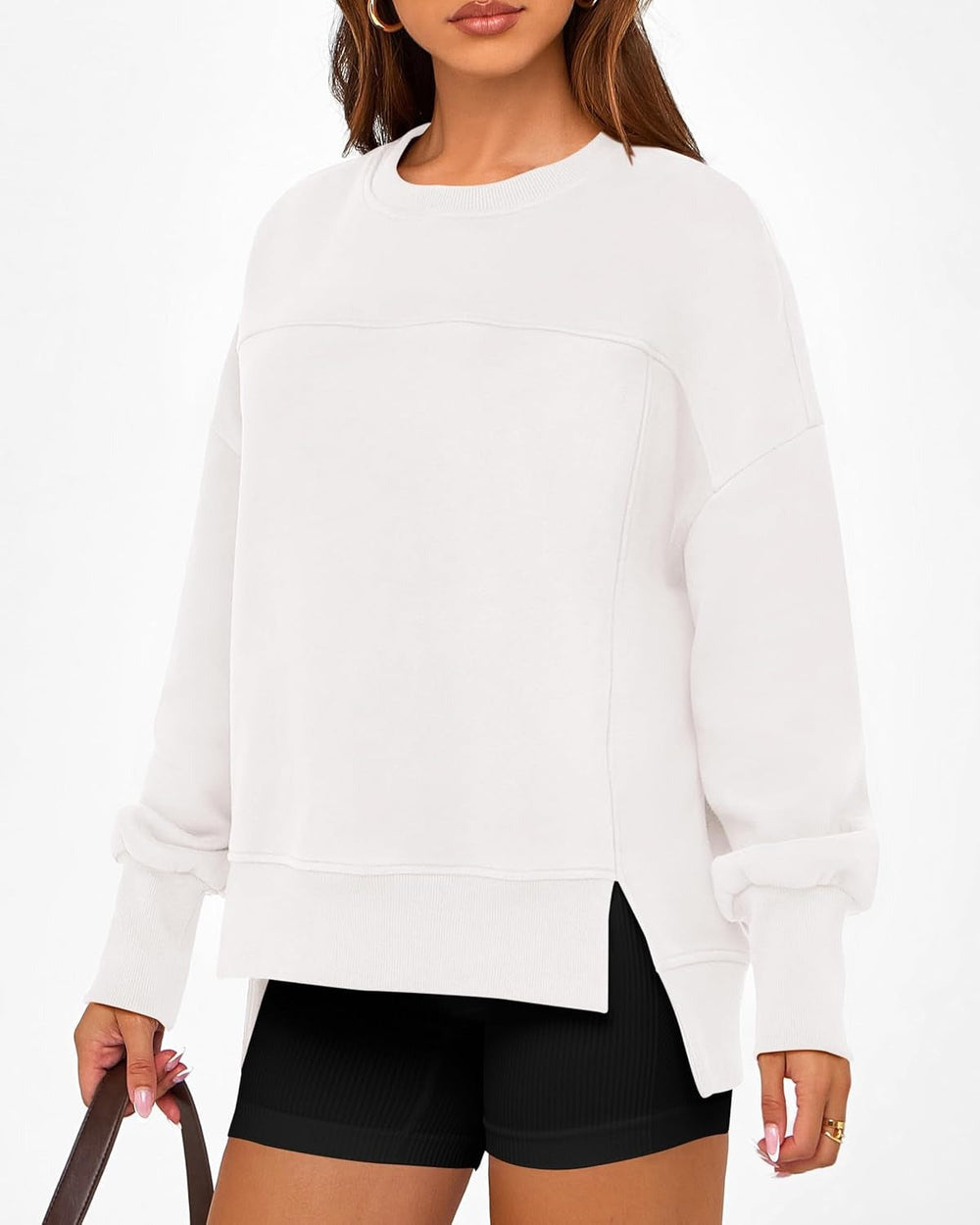 ✨Women's Casual Crewneck Sweatshirts Long Sleeve Side Slit Fleece Pullover Tops