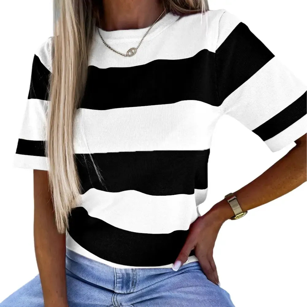 Women's Colorblock Striped Ribbed Knitted Round Neck T Shirt