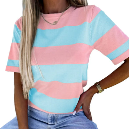 Women's Colorblock Striped Ribbed Knitted Round Neck T Shirt