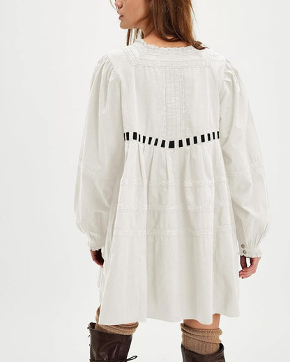 Women's Square Neck Tie Front Long Sleeve Lace Trim Mini Dress