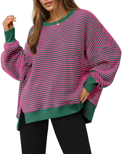 Women's Oversized Sweatshirt Waffle Long Sleeve Split Pullover Tunic Tops