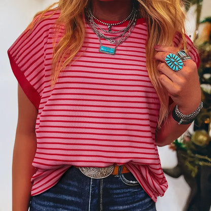 Women's Striped Ribbed Knitted Drop Shoulder Round Neck T-Shirt