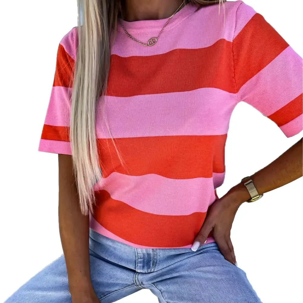 Women's Colorblock Striped Ribbed Knitted Round Neck T Shirt