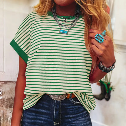 Limited time sale🔥Women's Striped Ribbed Knit Drop Shoulder Top
