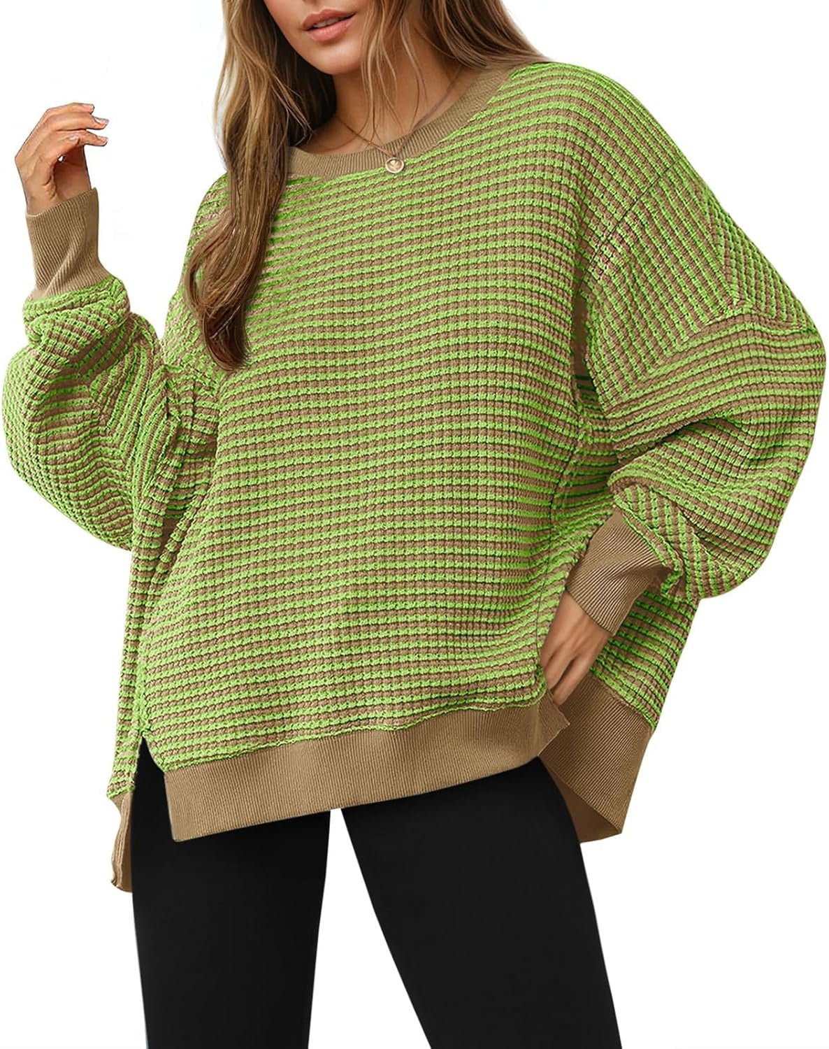 Women's Oversized Sweatshirt Waffle Long Sleeve Split Pullover Tunic Tops