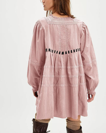 Women's Square Neck Tie Front Long Sleeve Lace Trim Mini Dress