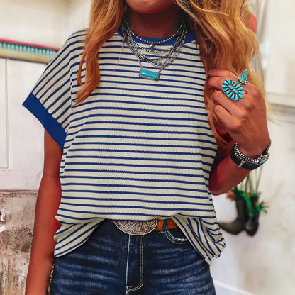 Women's Striped Ribbed Knitted Drop Shoulder Round Neck T-Shirt