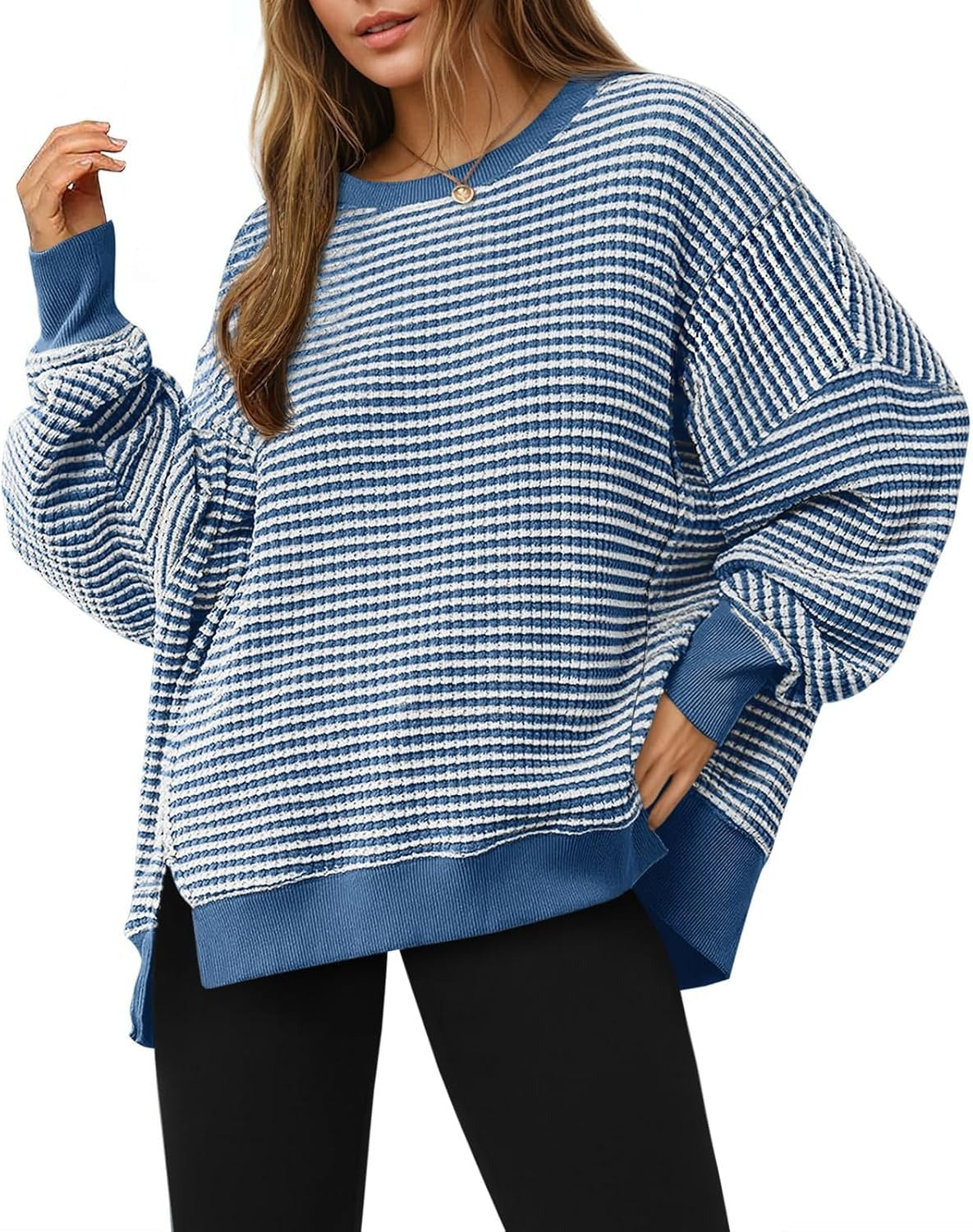 Women's Oversized Sweatshirt Waffle Long Sleeve Split Pullover Tunic Tops