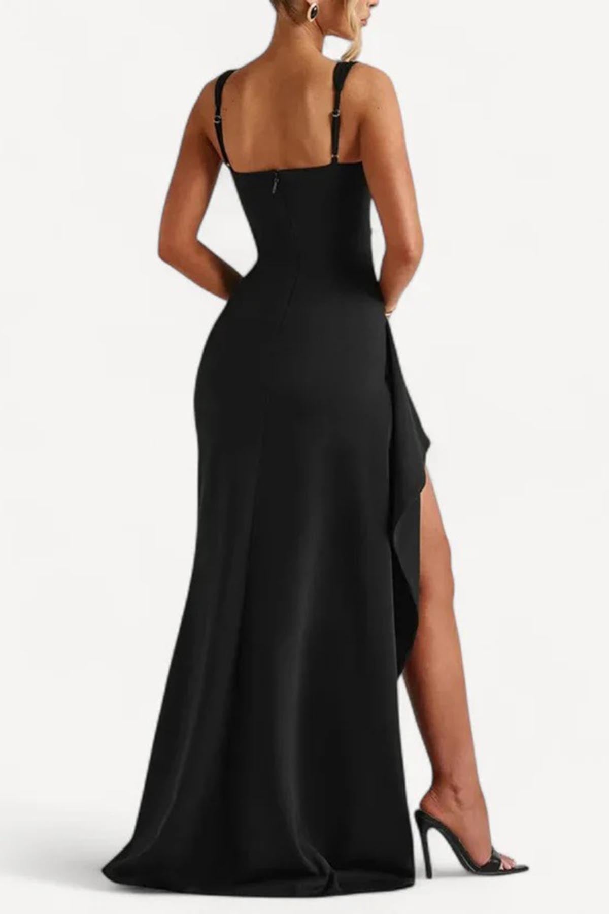 Women's Elegant Square Neck Bodycon High Split Ruched  Formal Dress