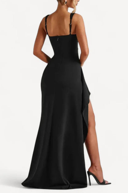 Women's Elegant Square Neck Bodycon High Split Ruched  Formal Dress