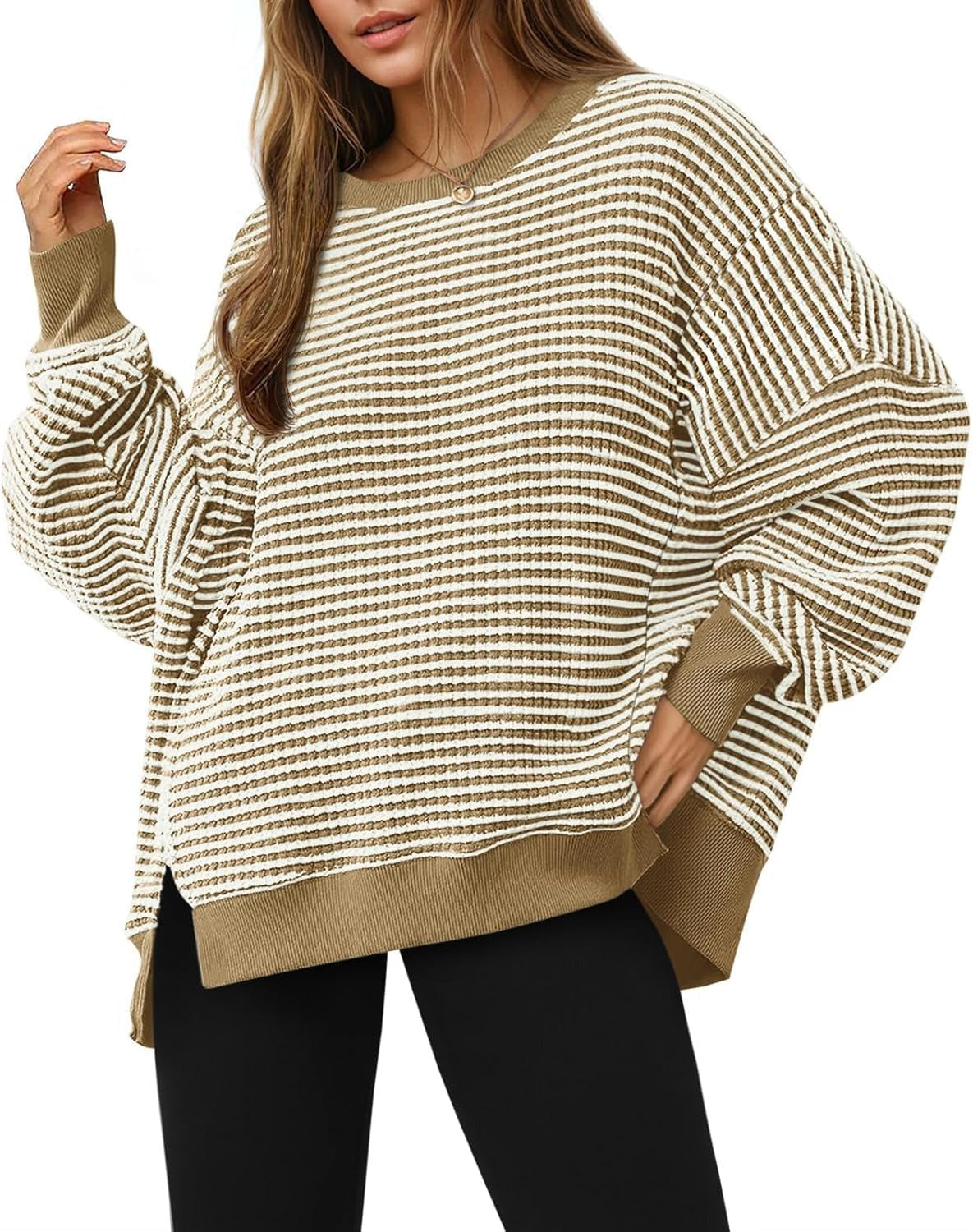 Women's Oversized Sweatshirt Waffle Long Sleeve Split Pullover Tunic Tops