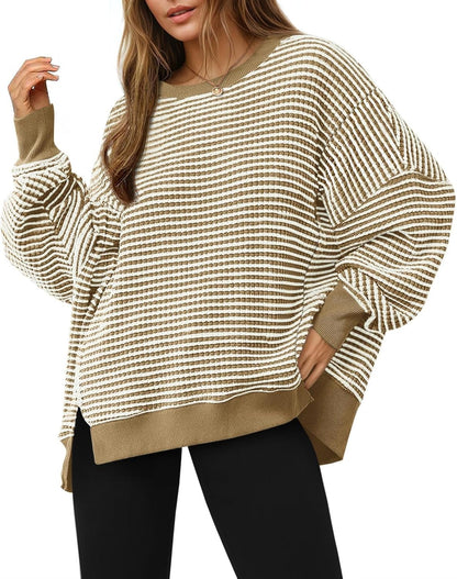 Women's Oversized Sweatshirt Waffle Long Sleeve Split Pullover Tunic Tops