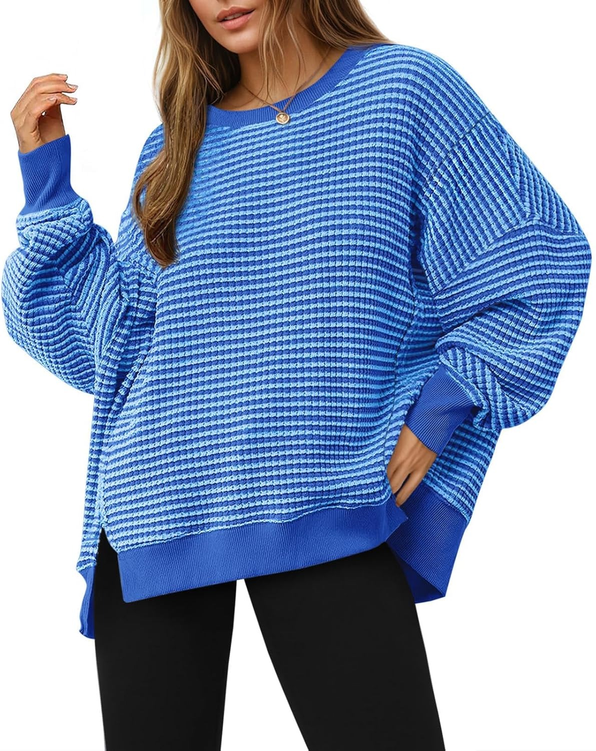 Women's Oversized Sweatshirt Waffle Long Sleeve Split Pullover Tunic Tops