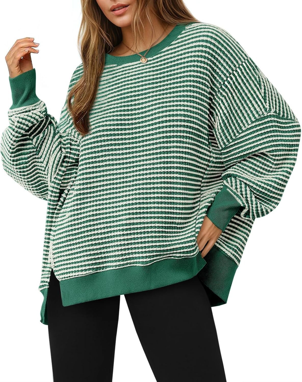 Women's Oversized Sweatshirt Waffle Long Sleeve Split Pullover Tunic Tops