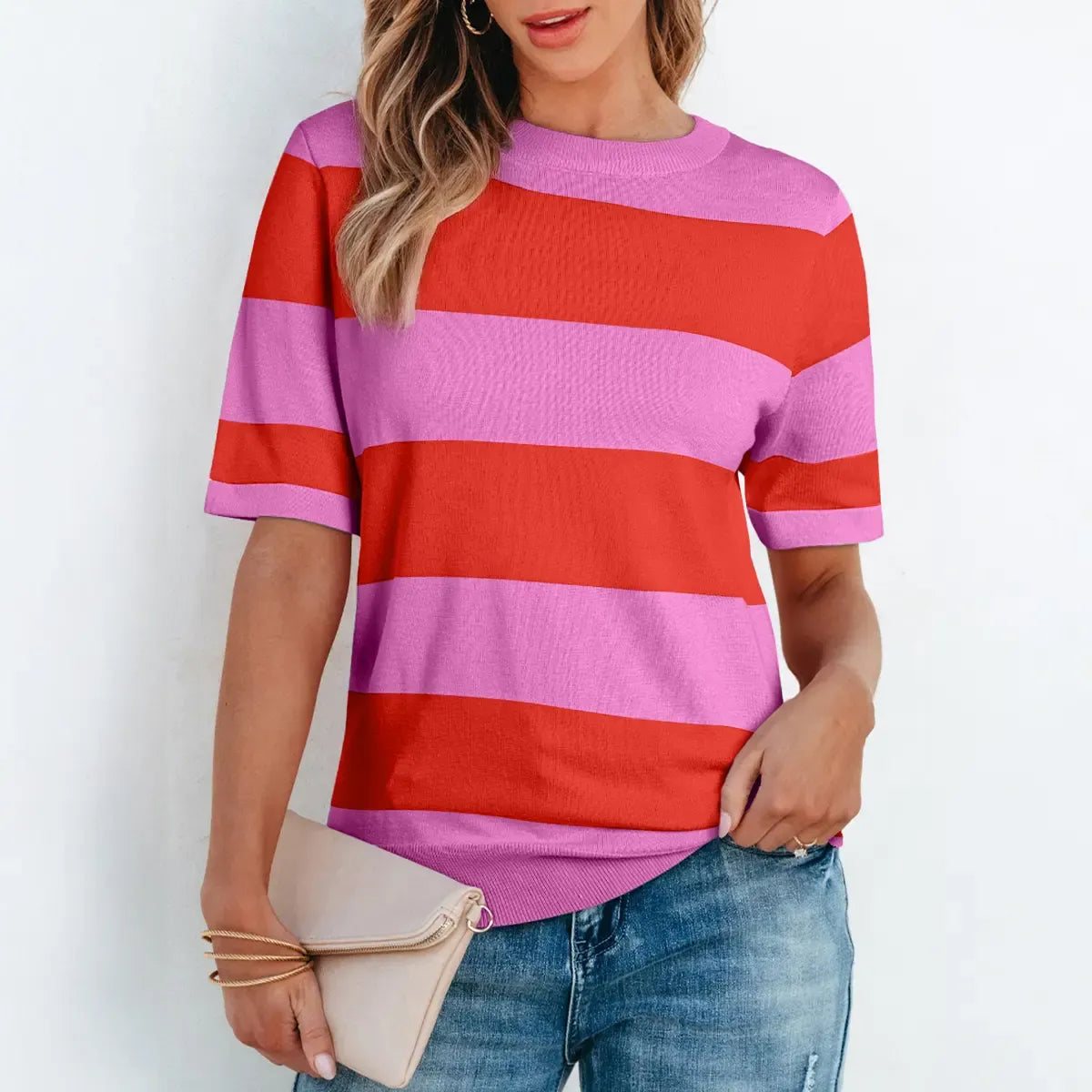 Women's Colorblock Striped Ribbed Knitted Round Neck T Shirt