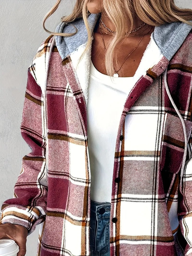 Women's Plaid Button Down Fleece Lined Hooded Jackets Warm Coat