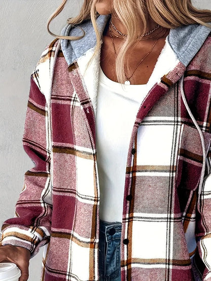Women's Plaid Button Down Fleece Lined Hooded Jackets Warm Coat