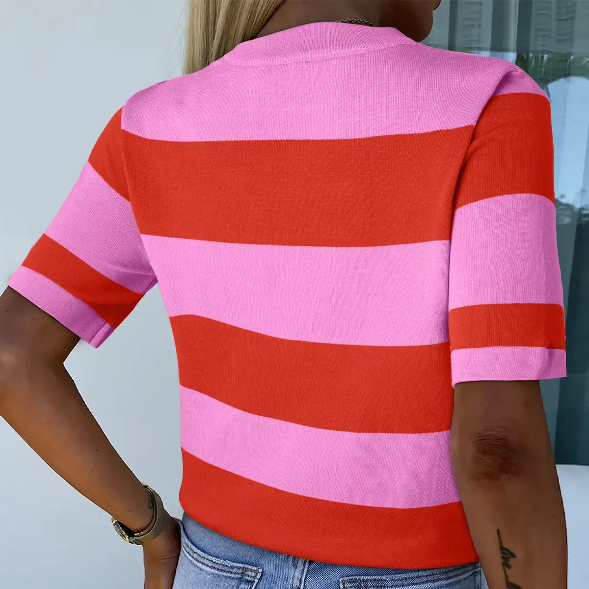 Women's Colorblock Striped Ribbed Knitted Round Neck T Shirt