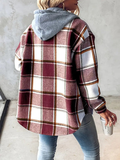 Women's Plaid Button Down Fleece Lined Hooded Jackets Warm Coat