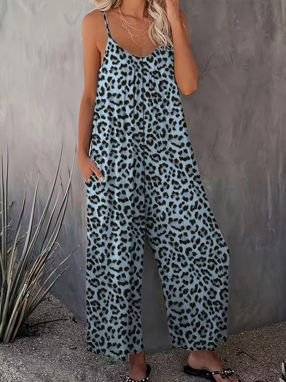 Women's Casual Sleeveless Leopard Print Jumpsuit with Pockets