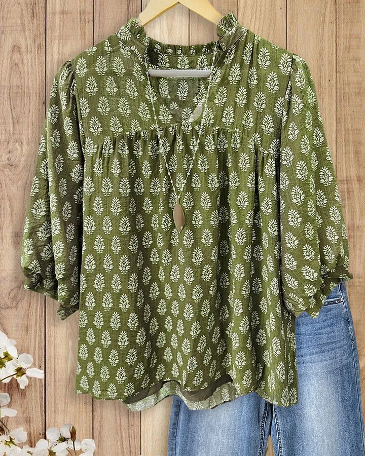 Floral Print V Neck Puff Sleeve Relaxed Blouse