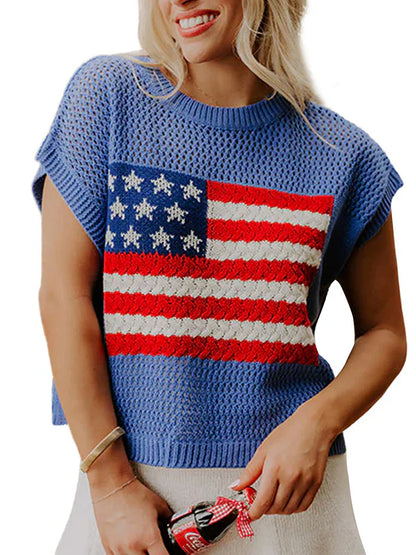 Limited time sale🔥Flag Graphic Short Sleeve Hollow Out Top