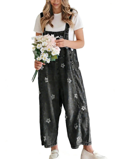 Women's Spring Style Printed Denim Overalls