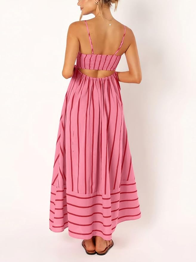 Women's Striped Back Smocked Maxi Dress Spaghetti Strap Long Dress