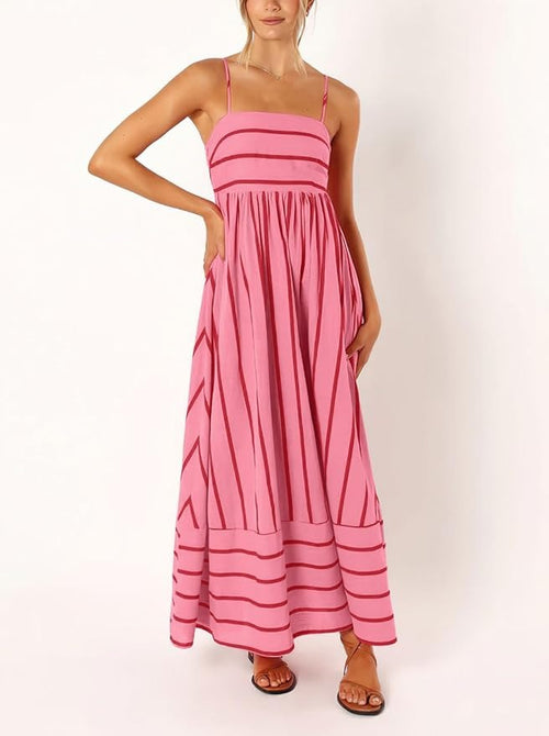 Women's Striped Back Smocked Maxi Dress Spaghetti Strap Long Dress