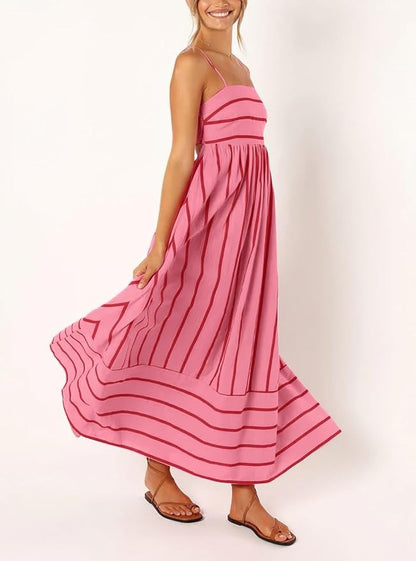 Women's Striped Back Smocked Maxi Dress Spaghetti Strap Long Dress